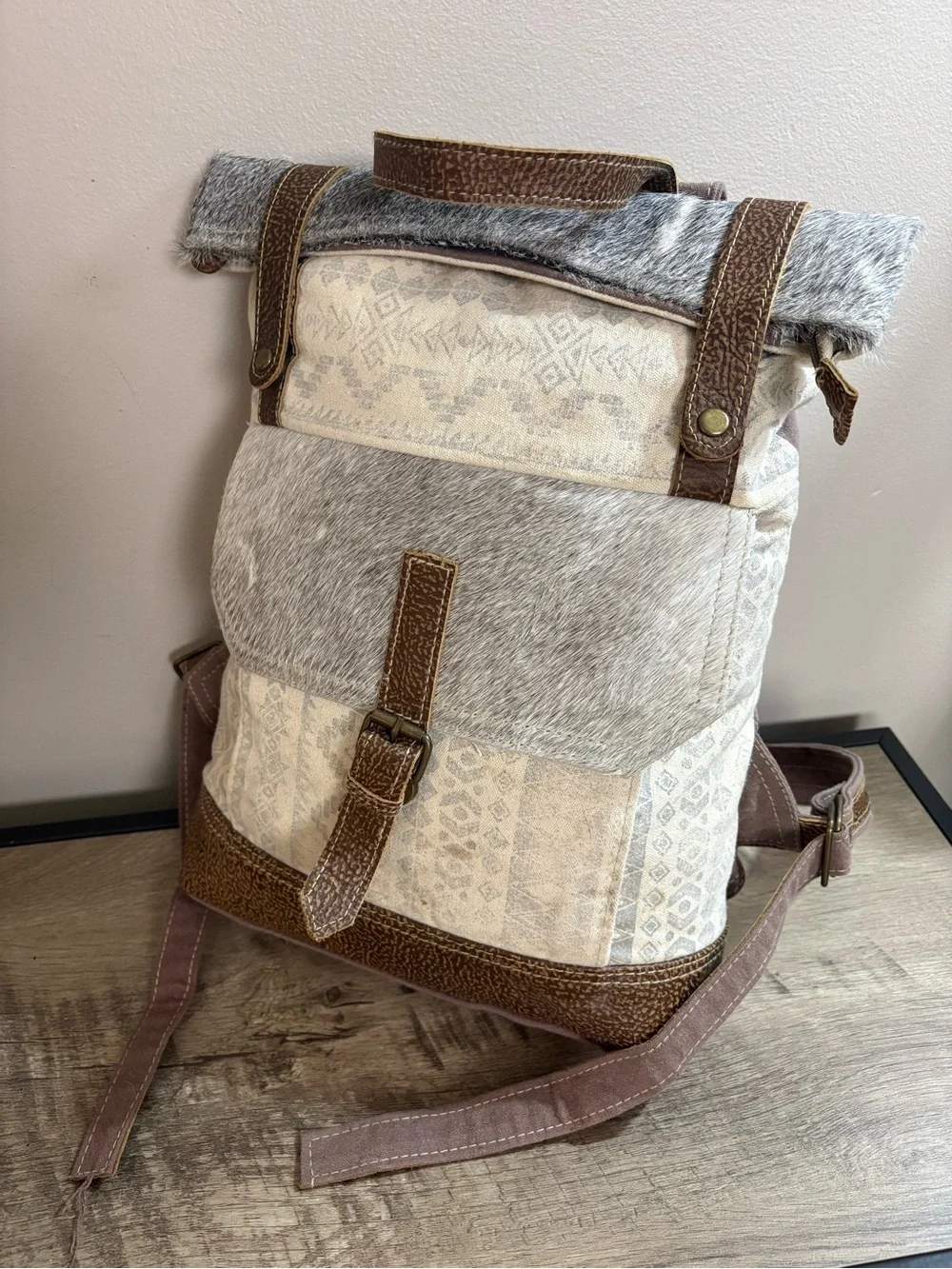 MYRA BAG Ivory Beige Brown WESTERN BOHO Canvas LEATHER Hair on COWHIDE Backpack